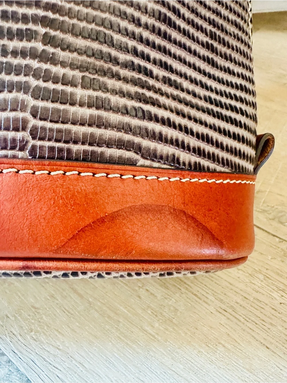 Dooney & Bourke Gray Lizard-Embossed Satchel with Brown Trim and Matching Wallet